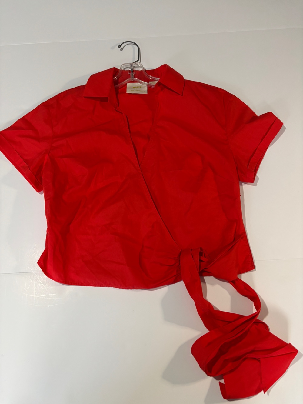 Maeve Anthropologie Red Poplin Tie-Front Wrap Top Short Sleeve - Medium